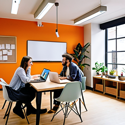 Home 11 **Prompt:** A vibrant, modern co-living space interior featuring residents collaborating in a shared co-working area. Some residents are on laptops, others are brainstorming on a whiteboard. Include diverse individuals, natural light, plants, and comfortable, stylish furniture. Focus on capturing the energy and collaborative atmosphere.