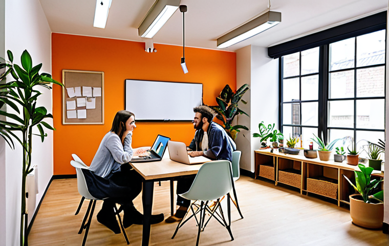 **Prompt:** A vibrant, modern co-living space interior featuring residents collaborating in a shared co-working area. Some residents are on laptops, others are brainstorming on a whiteboard. Include diverse individuals, natural light, plants, and comfortable, stylish furniture. Focus on capturing the energy and collaborative atmosphere.