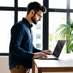 Focused Workspace**

"A modern co-living workspace with a young professional working on a laptop at a standing desk, fully clothed in business casual attire, surrounded by plants and natural light, safe for work, professional atmosphere, perfect anatomy, correct proportions, well-formed hands, appropriate content, high quality rendering, 8k resolution, natural pose."

**