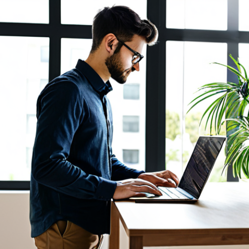 Focused Workspace**

"A modern co-living workspace with a young professional working on a laptop at a standing desk, fully clothed in business casual attire, surrounded by plants and natural light, safe for work, professional atmosphere, perfect anatomy, correct proportions, well-formed hands, appropriate content, high quality rendering, 8k resolution, natural pose."

**