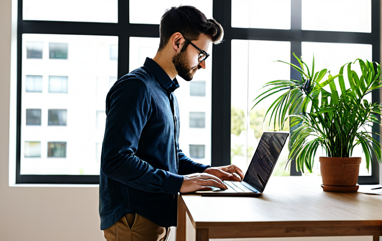 Focused Workspace**

"A modern co-living workspace with a young professional working on a laptop at a standing desk, fully clothed in business casual attire, surrounded by plants and natural light, safe for work, professional atmosphere, perfect anatomy, correct proportions, well-formed hands, appropriate content, high quality rendering, 8k resolution, natural pose."

**