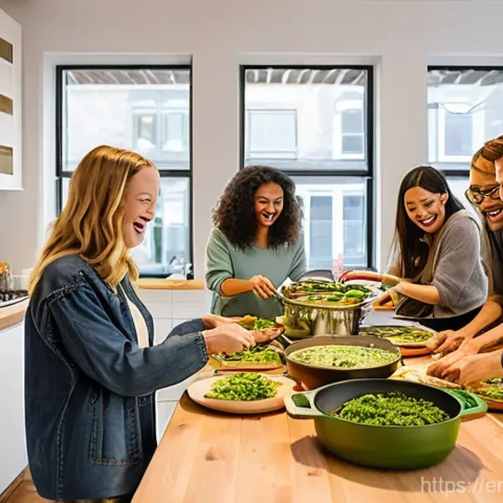 코리빙 커뮤니티의 브랜드 가치 구축 - **Co-Living Community Potluck in a Modern Kitchen**
"A diverse group of young adults, approximat...