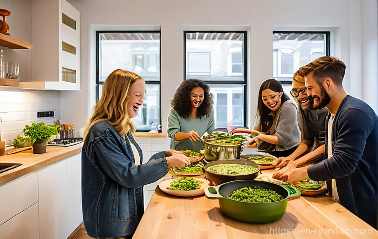 코리빙 커뮤니티의 브랜드 가치 구축 - **Co-Living Community Potluck in a Modern Kitchen**
"A diverse group of young adults, approximat...