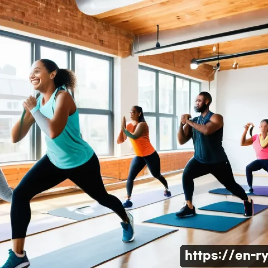 코리빙 커뮤니티에서의 건강 및 복지 프로그램 - A diverse group of young adults engaged in a lively indoor group fitness class within a modern co-li...
