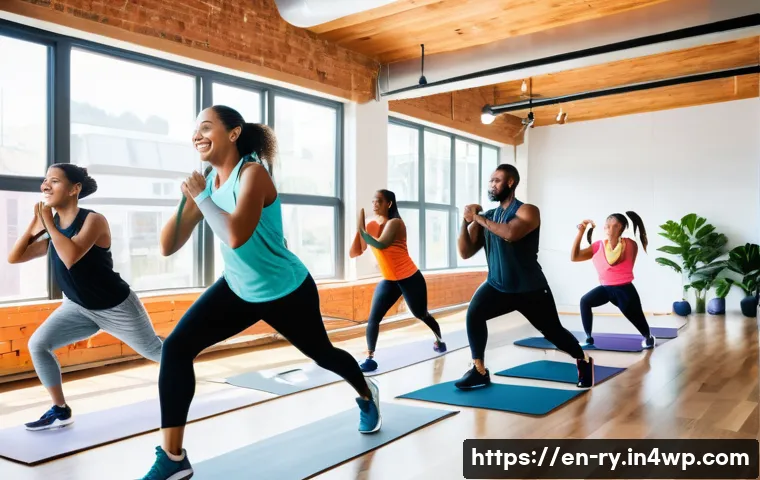 코리빙 커뮤니티에서의 건강 및 복지 프로그램 - A diverse group of young adults engaged in a lively indoor group fitness class within a modern co-li...