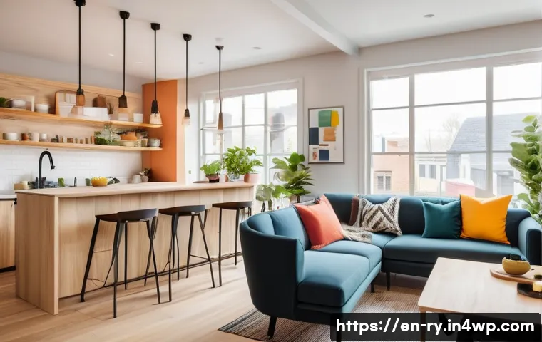 코리빙 커뮤니티에서의 비즈니스 성장 전략 - A vibrant co-living common area designed for interaction: an open-plan space with modern, cozy loung...