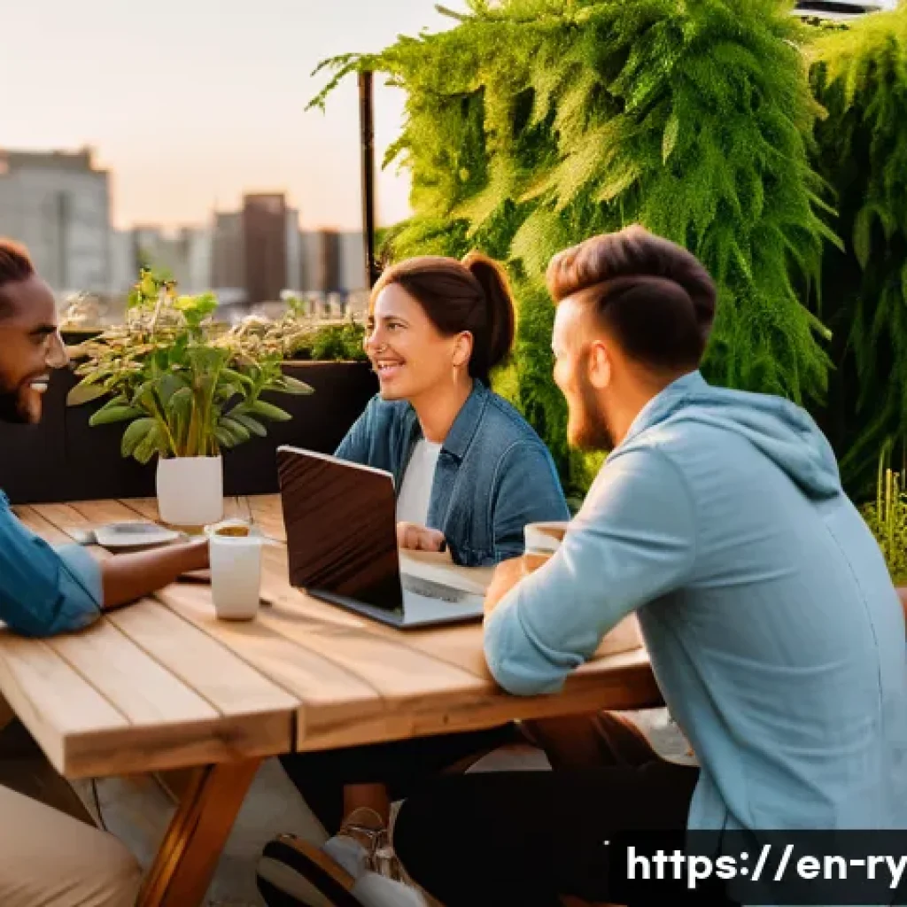 코리빙 커뮤니티의 마케팅 및 홍보 전략 - A vibrant co-living community event in a modern urban rooftop garden during golden hour, featuring d...