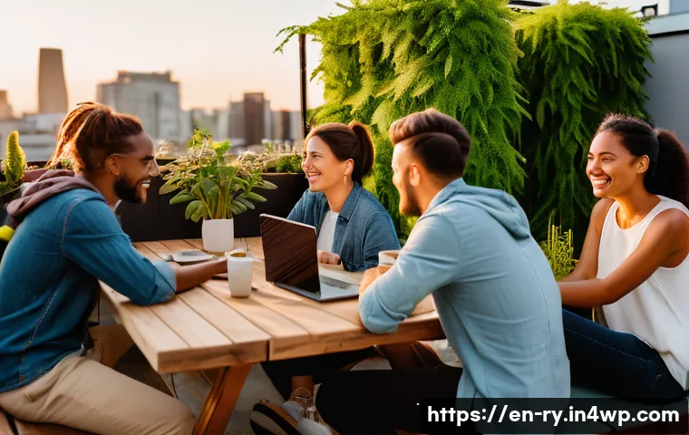 코리빙 커뮤니티의 마케팅 및 홍보 전략 - A vibrant co-living community event in a modern urban rooftop garden during golden hour, featuring d...