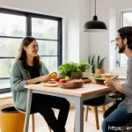 Home 22 코리빙 커뮤니티의 전자상거래 플랫폼 구축 - A cozy, modern coliving kitchen scene featuring a diverse group of young adults casually preparing m...