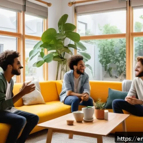 Home 32 코리빙 커뮤니티에서의 네트워킹 기회 - A diverse group of young adults in a bright, modern co-living space lounge, engaged in an authentic ...