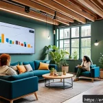 Home 19 코리빙 커뮤니티의 재정적 안정성 분석 - A modern co-living common area featuring diverse residents engaging in a community meeting about bud...