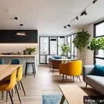 Home 18 코리빙 커뮤니티의 이용자 경험 개선 - A bright, modern co-living communal lounge featuring an open layout with a large kitchen island, fle...
