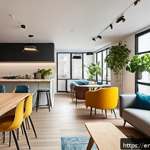 Home 30 코리빙 커뮤니티의 이용자 경험 개선 - A bright, modern co-living communal lounge featuring an open layout with a large kitchen island, fle...