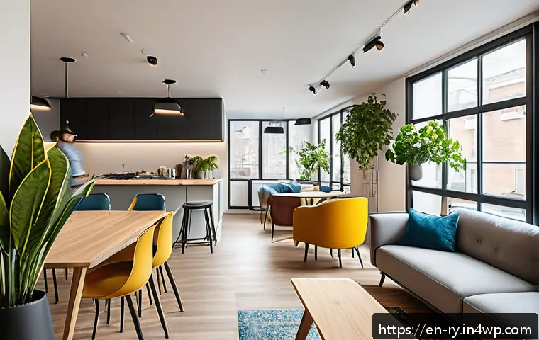 코리빙 커뮤니티의 이용자 경험 개선 - A bright, modern co-living communal lounge featuring an open layout with a large kitchen island, fle...