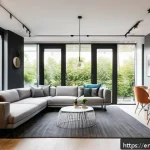 Home 23 코리빙 커뮤니티의 비즈니스 기회 분석 - A modern co-living space interior showcasing a stylish communal lounge area with young professionals...