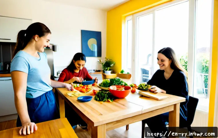 코리빙 커뮤니티에서의 생활 방식 변화 - Photorealistic bright co-living apartment kitchen, diverse young adult housemates preparing a casual...